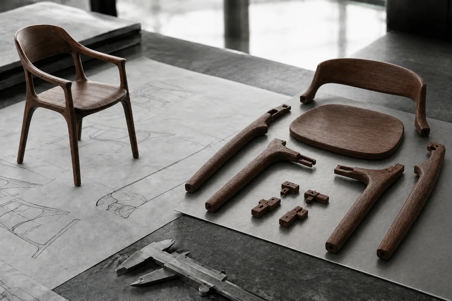 Finished walnut chair with clearly organized construction components