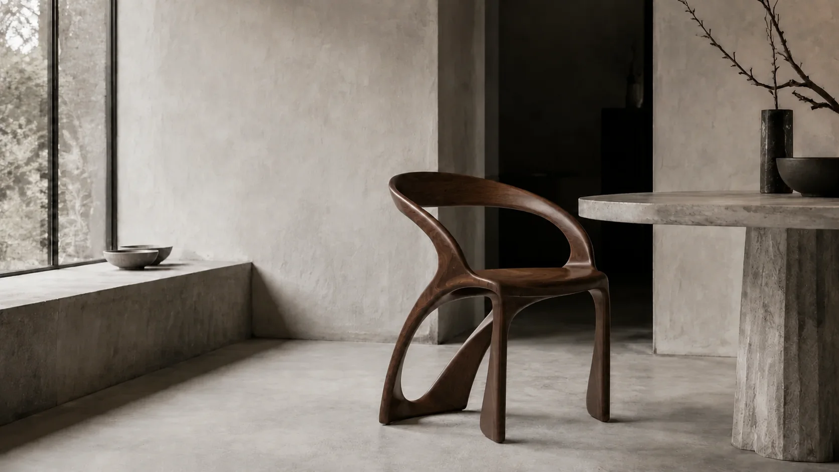 Sculptural stabilized wood dining chair in a contemporary monochrome interior