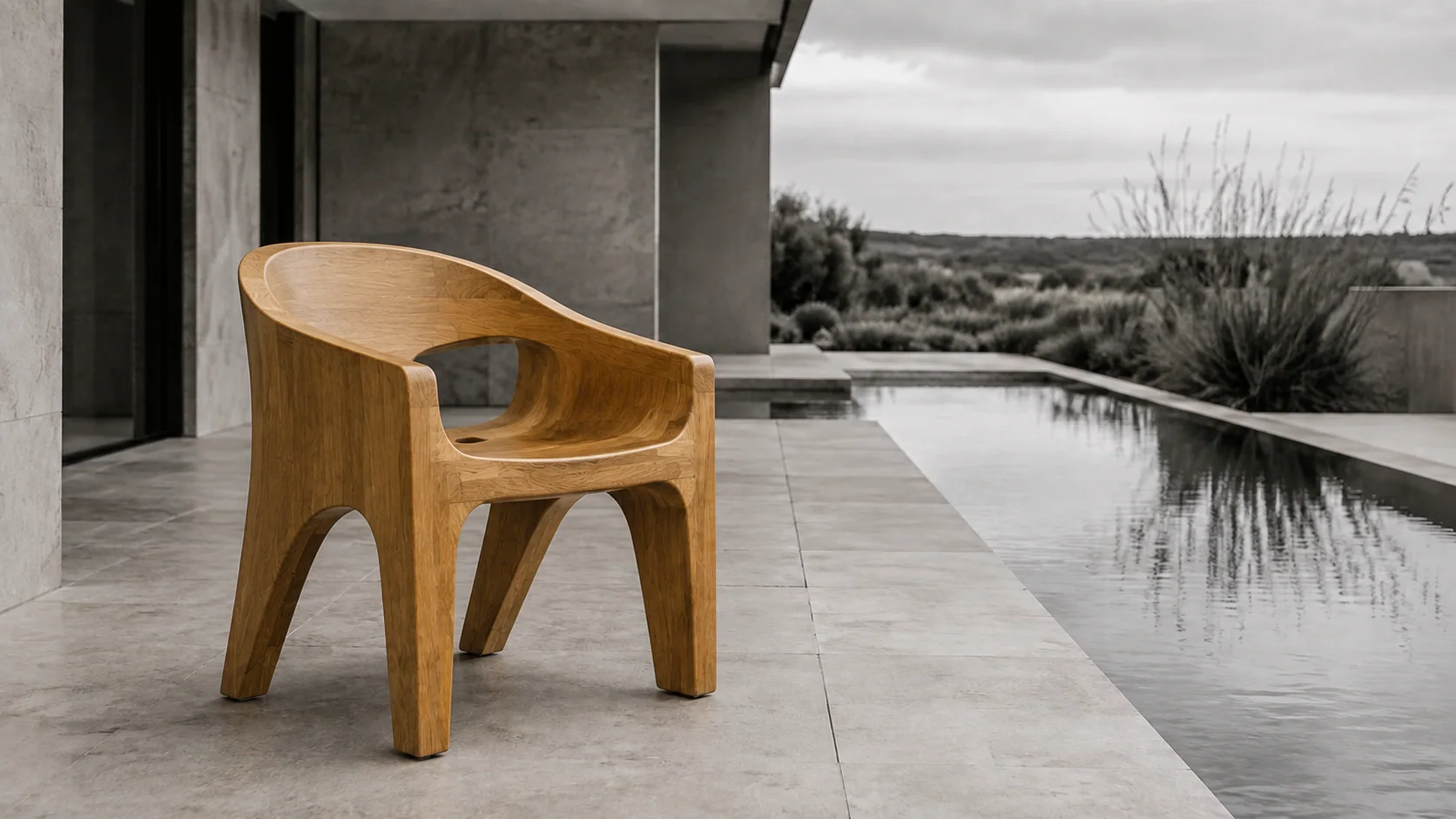 Designer stabilized wood outdoor chair on a stone terrace