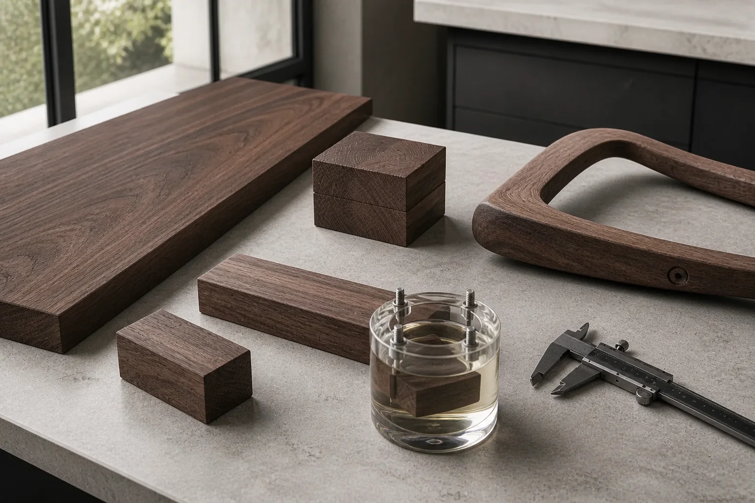 Stabilized walnut boards, material test blocks and a machined chair blank